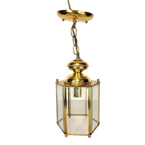 Vintage Brass & Glass Hexagon Regency Pendant Entryway Hanging Light Fixture - Picture 8 of 9